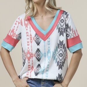 Turquoise/Coral Aztec V-Neck Top